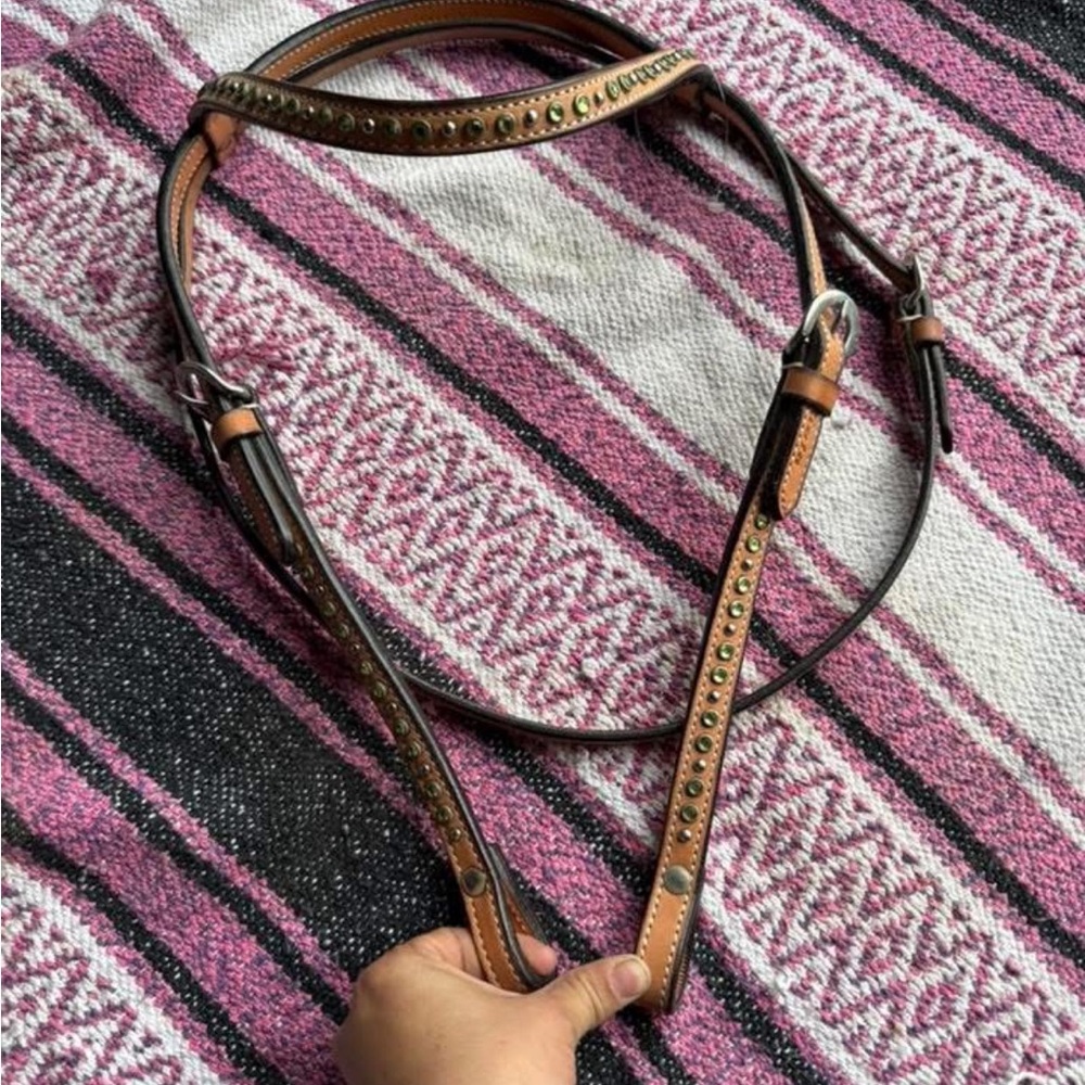 Riata light Brown leather Horse Bridle Headstall with Green stones